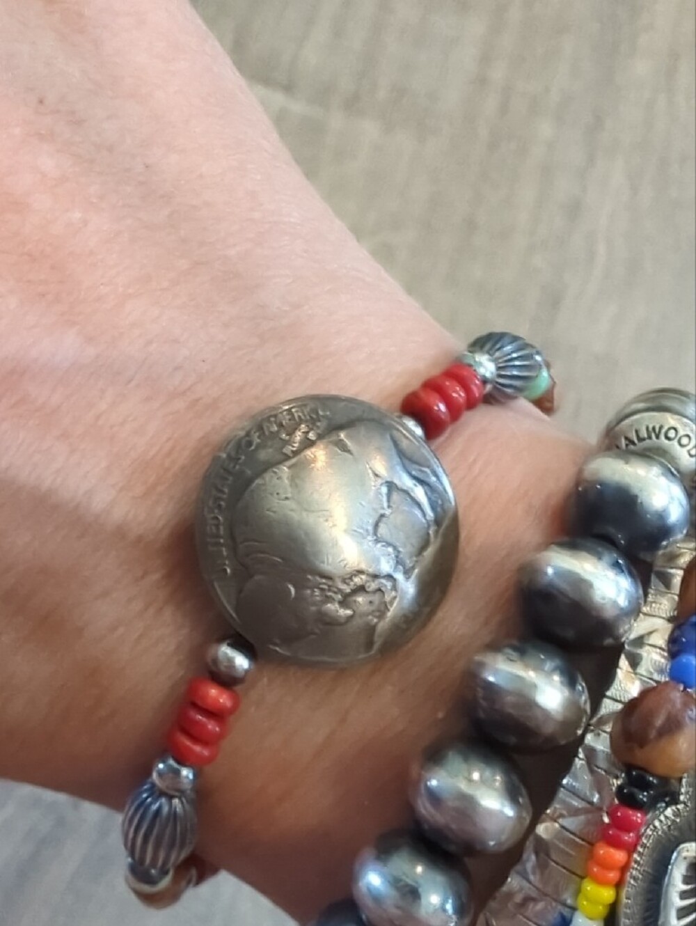 Navajo Handmade Buffalo Nickel Sterling Apple Coral Ghost Bead Bracelet - Picture 9 of 11